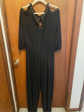 Emma & Michelle Black studded jumpsuit w/ cold shoulder